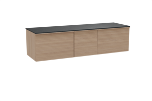 Balmani Forma zwevend badkamermeubel 180 x 55 cm natuur eik met Stretto enkel of dubbel tablet in graniet zwart, Horizontale symmetrische rechte ribbel