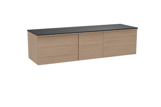 Balmani Forma zwevend badmeubel 180 x 55 cm naturel eiken met Stretto enkel of dubbel wastafelblad in zwart graniet, Horizontale symmetrische rechte ribbel