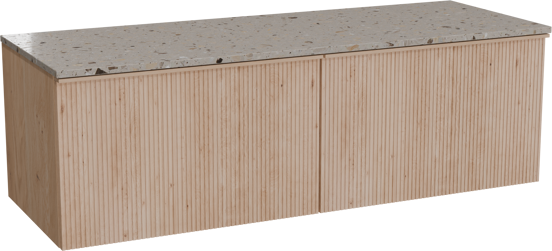 Balmani Forma hängendes Möbelstück Set: 150 x 55 cm, Naturbelassene Eiche, mit Stretto Einzel- oder Doppel Waschtischplatte, Terrazzo in Greige, Vertikale symmetrische gerade Rippe