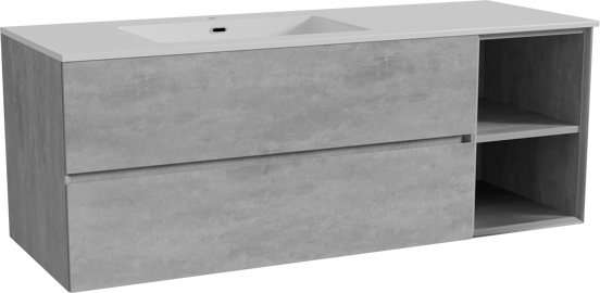 Storke Edge meuble salle de bains suspendu 140 x 52 cm béton gris foncé avec Diva plan vasque asymétrique à gauche en marbre composite blanc brillant