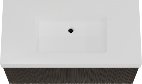 Storke Ribs meuble salle de bains suspendu 105 x 52 cm chêne noir avec Mata High plan simple en solid surface blanc mat, Nervure droite asymétrique verticale