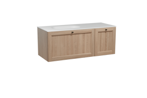 Balmani Lemon zwevend badkamermeubel 135 x 55 cm verweerde eik met Tablo Oval asymmetrisch linkse wastafel in solid surface mat wit