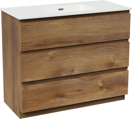 Linie Lado staand badmeubel 100 x 46 cm bruin eiken met Baro enkele wastafel in porselein hoogglans wit