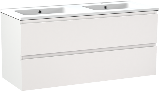 Linie Lado meuble salle de bains suspendu 120 x 46 cm blanc mat avec Vano double vasque en marbre composite blanc mat