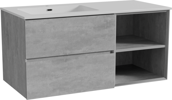 Storke Edge zwevend badmeubel 110 x 52 cm beton donkergrijs met Diva asymmetrisch linkse wastafel in composietmarmer hoogglans wit
