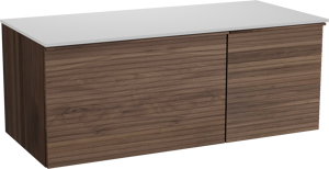 Balmani Forma zwevend badkamermeubel 120 x 55 cm amerikaanse notelaar met Stretto enkel of dubbel tablet in solid surface mat wit, Horizontale symmetrische rechte ribbel