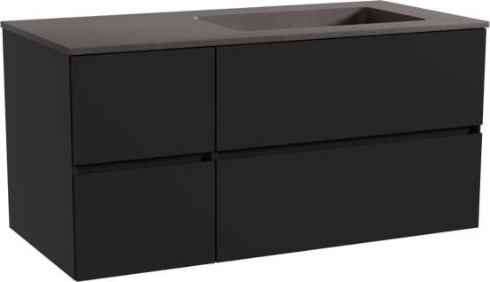 Storke Edge zwevend badmeubel 110 x 52 cm mat zwart met Scuro asymmetrisch rechtse wastafel in kwarts mat zwart