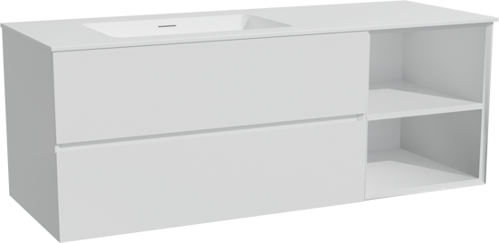 Storke Edge zwevend badmeubel 140 x 52 cm hoogglans wit met Mata asymmetrisch linkse wastafel in solid surface mat wit
