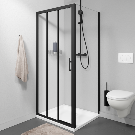 Linie Cadiz Eckdusche dreiteilige Schiebetür mit fixierter Seitenwand, 80 x 80 cm, Klarglas, Profil Schwarz