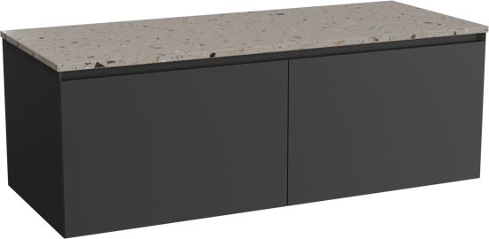 Balmani Idra hängendes Möbelstück Set: 135 x 55 cm, Schwarz matt, mit Stretto Einzel- oder Doppel Waschtischplatte, Terrazzo in Greige