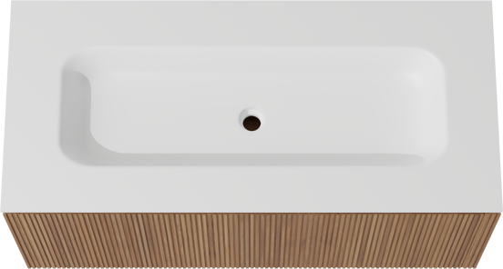 Balmani Eclips zwevend badkamermeubel 120 x 55 cm Teak met Tablo Arcato enkele wastafel in Solid Surface mat wit, Verticale symmetrische rechte ribbel