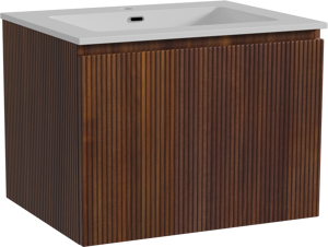 Storke Ribs meuble salle de bains suspendu 65 x 52 cm noyer avec Diva plan simple en marbre composite blanc brillant, Nervure droite symétrique verticale