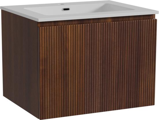 Storke Ribs zwevend badmeubel 65 x 52 cm notenhout met Diva enkele wastafel in composietmarmer hoogglans wit, Verticale symmetrische rechte ribbel