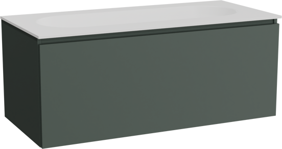 Balmani Sfera zwevend badkamermeubel 120 x 55 cm forest met Tablo Oval enkele wastafel voor 2 kraangaten in solid surface mat wit