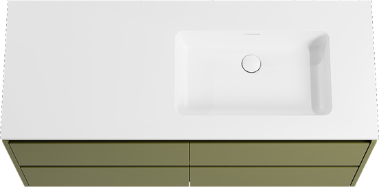 Storke Seda meuble salle de bains suspendu 130 x 52 cm vert olive avec Mata vasque asymétrique droite en solid surface blanc mat