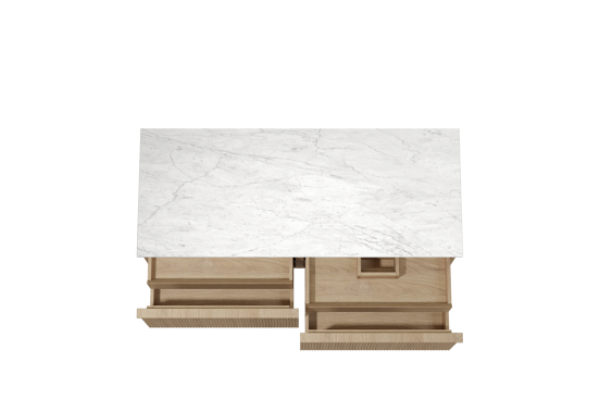 Balmani Forma zwevend badkamermeubel 135 x 55 cm natuur eik met Stretto enkel of dubbel tablet in marmer carrara, Verticale symmetrische rechte ribbel