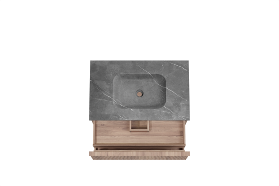 Balmani Forma meuble salle de bains suspendu 90 x 55 cm teck avec Tablo Arcato plan simple en marbre pietra grey, Nervure droite symétrique verticale