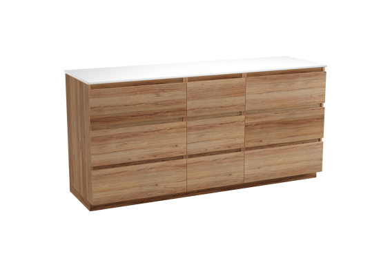 Balmani Lucida staand badkamermeubel 180 x 55 cm teak met Stretto enkel of dubbel tablet in solid surface mat wit