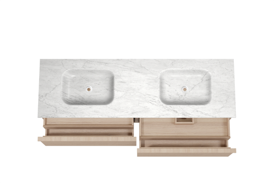 Balmani Forma zwevend badkamermeubel 180 x 55 cm natuur eik met Tablo Arcato dubbele wastafel in marmer carrara, Horizontale symmetrische rechte ribbel