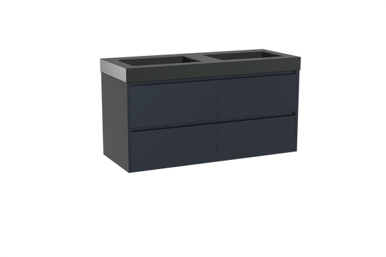 Storke Seda meuble salle de bains suspendu 130 x 52 cm bleu nuit avec Scuro High double vasque en quartz noir mat