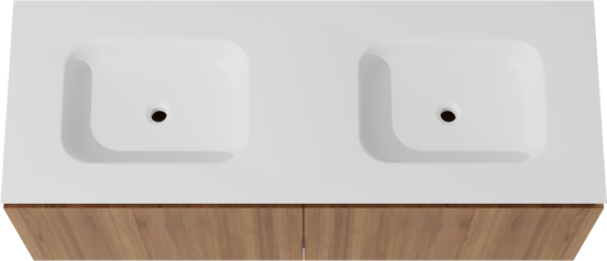 Balmani Eclips zwevend badkamermeubel 150 x 55 cm Teak met Eclips dubbele wastafel in Solid Surface mat wit