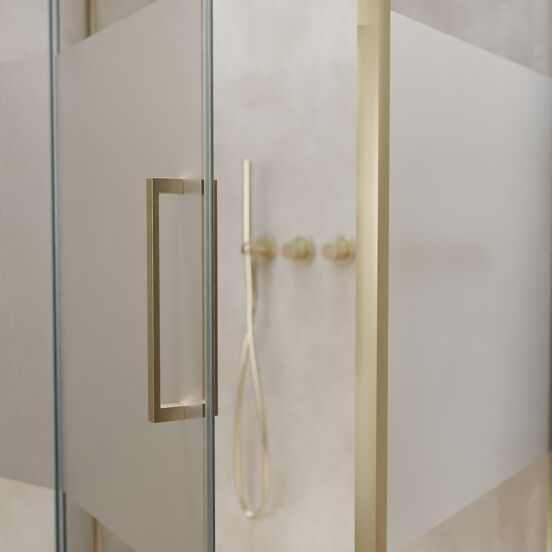 Balmani Senses Design douchehoek met linkse draaideur en vaste zijwand, 100 x 100 cm, Helder glas met matte strook, Brushed Champagne Gold profielen, met coating