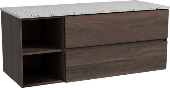 Storke Edge meuble salle de bains suspendu 130 x 52 cm noyer avec Tavola tablette simple ou double en blanc/noir mat terrazzo