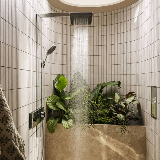 Hansgrohe Raindance Alive Q Showerpipe colonne de douche pluie 210/340 2 fonction de jets avec Ecosmart Showerselect Comfort Chrome Brillant