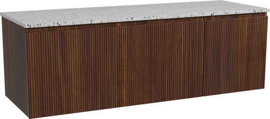 Storke Ribs zwevend badmeubel 150 x 52 cm notenhout met Tavola enkel of dubbel wastafelblad in mat wit/zwart terrazzo, Verticale symmetrische rechte ribbel
