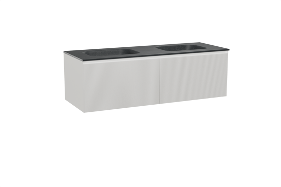 Balmani Fila hängendes Möbelstück Set: 150 x 55 cm, Weiß matt, mit Tablo Arcato Doppelwaschtisch, Granit, Schwarzes Granit, Vertikale symmetrische gerade Rippe