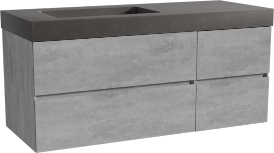 Storke Edge meuble salle de bains suspendu 130 x 52 cm béton gris foncé avec Scuro High plan vasque asymétrique à gauche en quartz noir mat