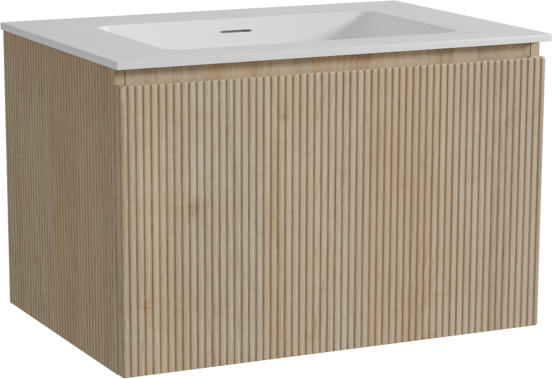 Storke Ribs zwevend badkamermeubel 75 x 52 cm ruwe eik met Mata enkele wastafel in solid surface mat wit, Verticale symmetrische rechte ribbel