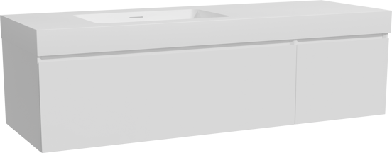 Storke Edge zwevend badkamermeubel 150 x 52 cm glanzend wit met Mata High asymmetrisch linkse wastafel in solid surface mat wit
