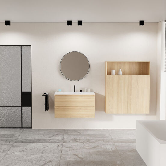Balmani Mitra zwevend badmeubel 90 x 55 cm naturel eiken met Tablo Arcato enkele wastafel in solid surface mat wit