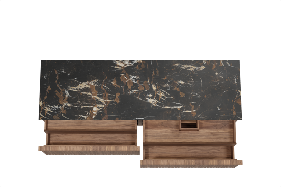 Balmani Forma hängendes Möbelstück Set: 180 x 55 cm, Amerikanischer Nussbaum, mit Stretto Einzel- oder Doppel Waschtischplatte, Marmor, Portoro Gold, Vertikale asymmetrische Runde Rippe