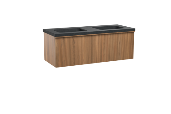 Balmani Forma zwevend badkamermeubel 135 x 55 cm teak met Napoli dubbele wastafel in graniet zwart, Verticale symmetrische rechte ribbel
