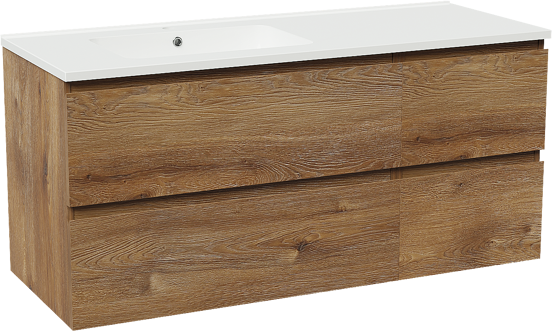 Linie Lado zwevend badkamermeubel 120 x 46 cm bruine eik met Vano asymmetrisch linkse wastafel in composietmarmer glanzend wit