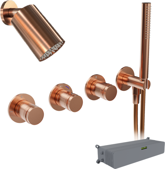Blaufoss Pavilion Duschsystem: Unterputz, inkl. Thermostat-Duscharmatur, inkl. Duschkopf, 14 x 9 cm, Brushed Rosegold