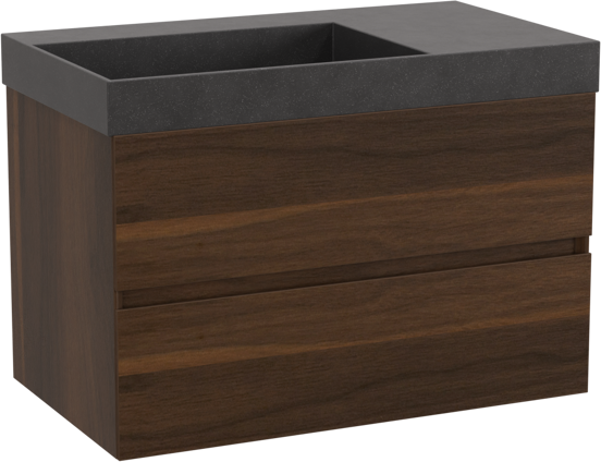 Storke Edge zwevend badkamermeubel 80 x 46 cm notelaar met Jura asymmetrisch linkse wastafel in kwarts mat zwart