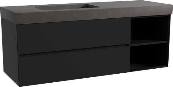 Storke Edge meuble salle de bains suspendu 150 x 52 cm noir mat avec Scuro High plan vasque asymétrique à gauche en quartz noir mat