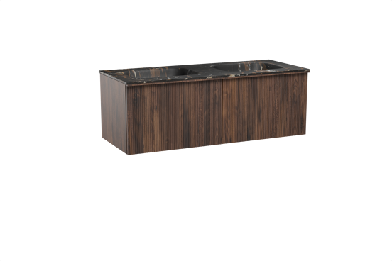 Balmani Forma zwevend badkamermeubel 135 x 55 cm amerikaanse notelaar met Tablo Arcato dubbele wastafel in marmer portoro gold, Verticale symmetrische rechte ribbel