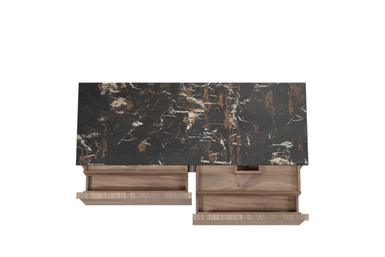 Balmani Forma zwevend badkamermeubel 150 x 55 cm amerikaanse notelaar met Stretto enkel of dubbel tablet in marmer portoro gold, Horizontale symmetrische rechte ribbel