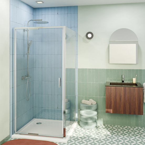 Luca Varess Vidor In Eckdusche: Drehtür und fixierte, Seitenwand, 100 x 90 cm, Klarglas, Chrom Profil, glänzend