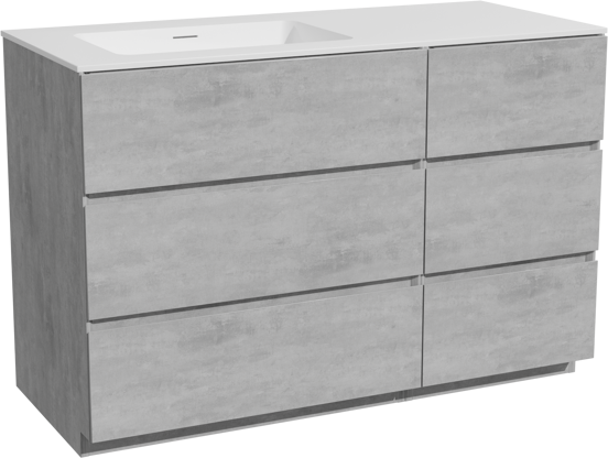 Storke Edge meuble salle de bains à poser 120 x 52 cm béton gris foncé avec Mata plan vasque asymétrique à gauche en solid surface blanc mat