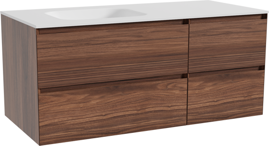 Balmani Mitra zwevend badkamermeubel 120 x 55 cm notelaar met Tablo Arcato asymmetrisch linkse wastafel in solid surface mat wit