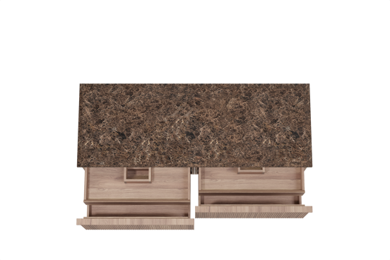 Balmani Forma zwevend badmeubel 150 x 55 cm teakhout met Stretto enkel of dubbel wastafelblad in marmer dark emperador, Verticale symmetrische rechte ribbel