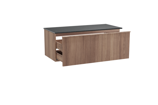 Balmani Forma hängendes Möbelstück Set: 120 x 55 cm, Teak, mit Stretto Einzel Waschtischplatte, Granit, Schwarzes Granit, Vertikale symmetrische gerade Rippe