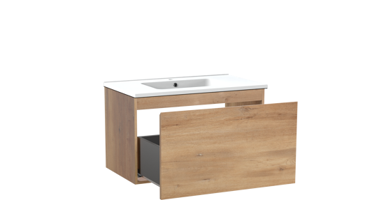 Linie Lado hängendes Möbelstück Set: 80 x 46 cm, Naturbelassene Eiche, mit Vano Einzelwaschtisch, Marmorkomposit Weiß matt