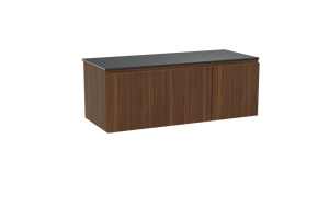 Balmani Sfera hängendes Möbelstück Set: 135 x 55 cm, Amerikanischer Nussbaum, mit Stretto Einzel- oder Doppel Waschtischplatte, Schwarzes Granit