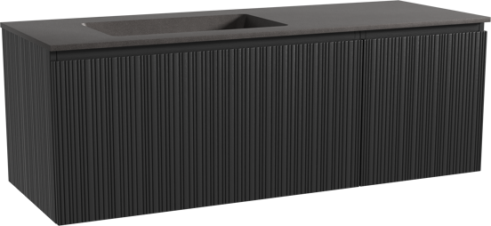 Storke Ribs zwevend badmeubel 140 x 52 cm zwart eiken met Scuro asymmetrisch linkse wastafel in kwarts mat zwart, Verticale asymmetrische rechte ribbel